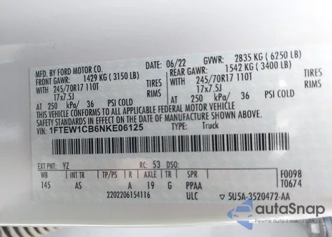 2022 Ford F-150 Xl из США, поврежденный, VIN 1FTEW1CB6NKE06125